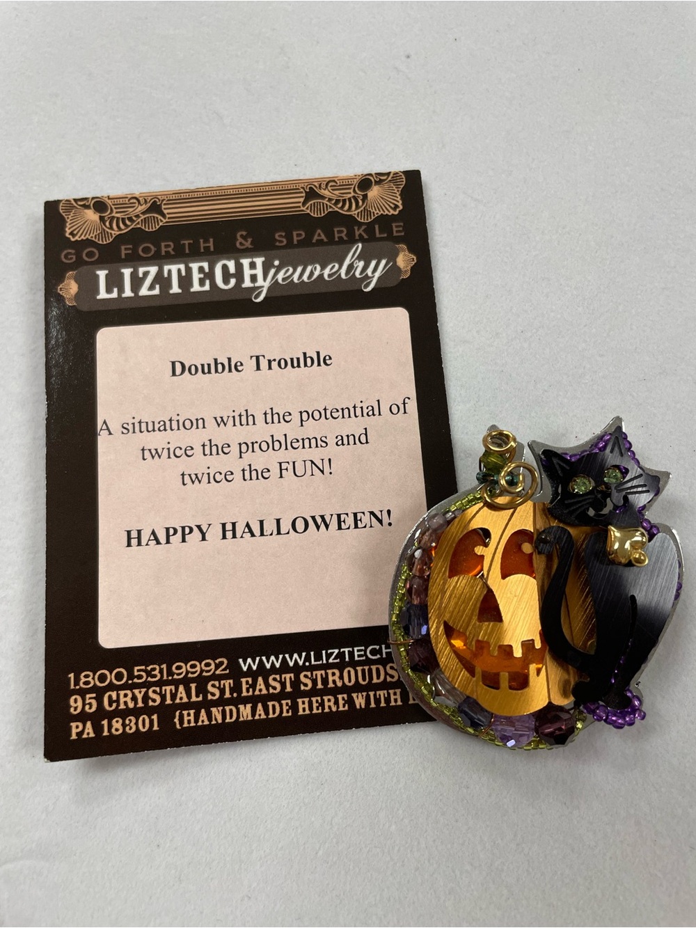 RARE! Liztech Double Trouble Halloween Cat & Pumpkin Hand-Crafted Brooch